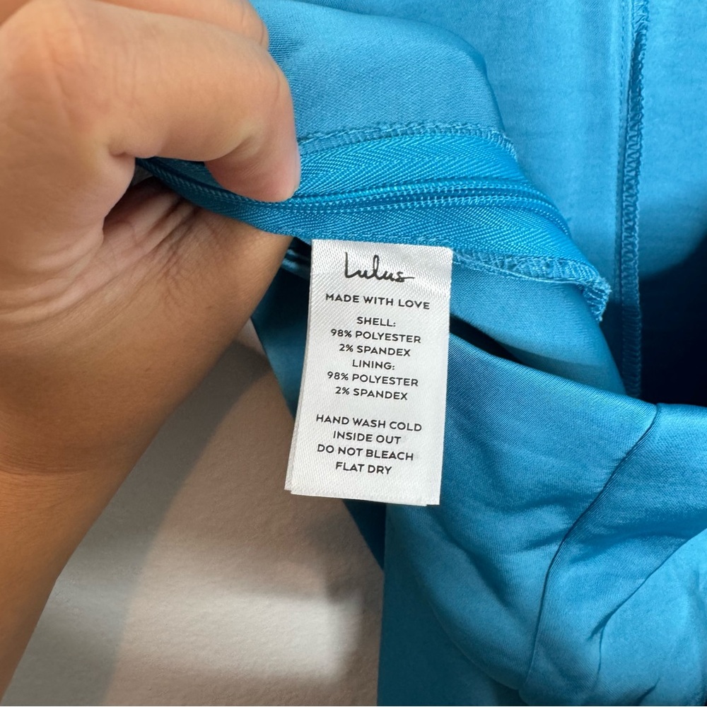 Lulu's Remarkable Style Blue Satin Twist-Back‎ Cutout Wide-Leg Jumpsuit - Picture 10 of 10